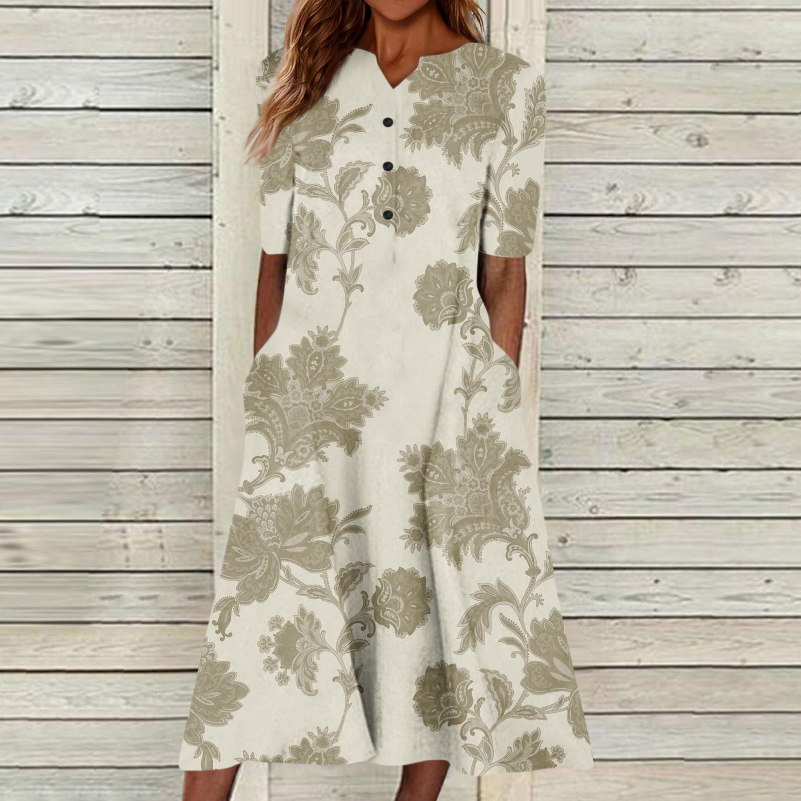 

Летнее платье для женщин, повседневное пляжное свободное платье с v-образным вырезом и короткими рукавами и карманами на пуговицах с цветочным принтом XXL