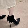 Bow Waterproof Table Stiletto High Heels Women's Black Autumn and Winter Skirt Not Tired Feet Single Shoes