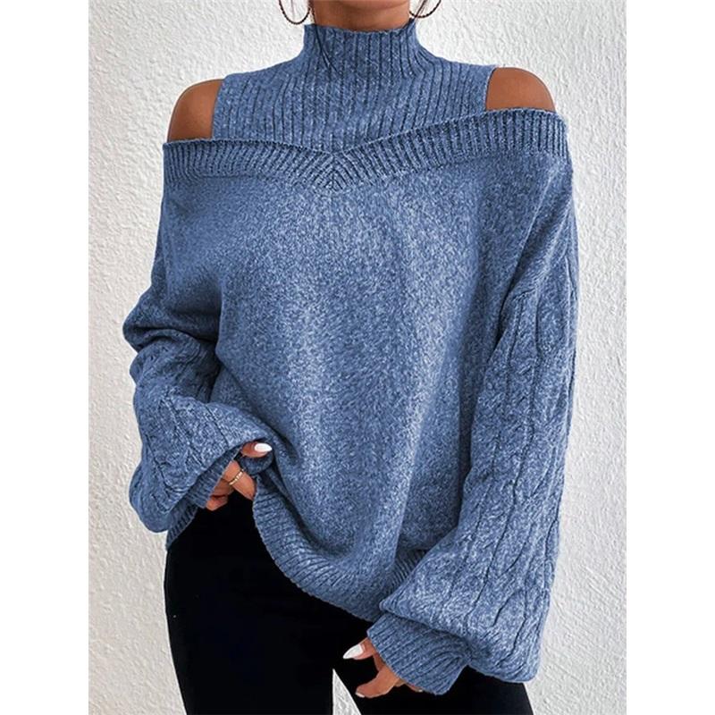 Maglione da Donna Collo Alto a Spalle Scoperte Casual Morbido a Treccia Pullover Manica Lunga Autunno Inverno Maglia Top