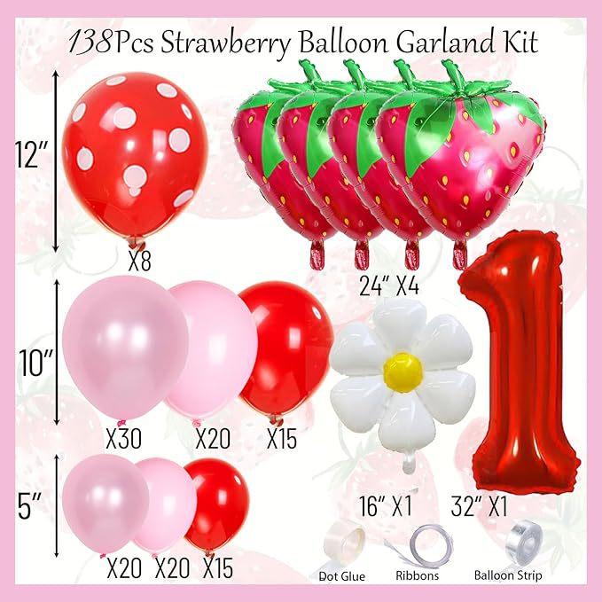 1-Year-Old Baby Strawberry Aluminum Film Balloon Set, Happy Birthday Balloon Scene Arrangement, Little Daisy Party Supplies