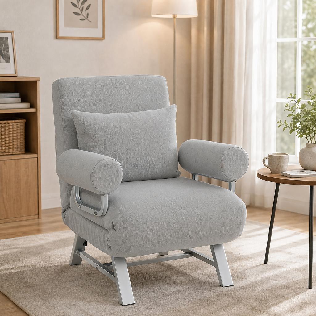 Single Sofa Bed, 3-in-1 Convertible Folding Chair Bed with Adjustable Backrest, Removable Armrests, Light Grey