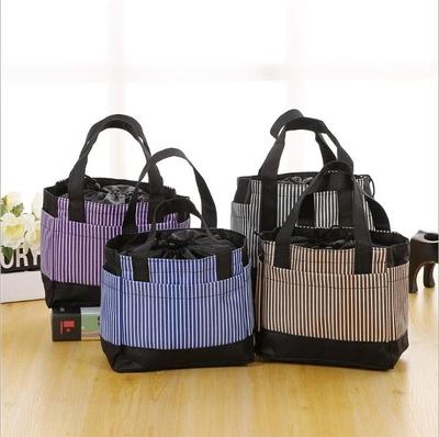 Borsa da Pranzo Portatile Carina a Righe con Coulisse Forma Quadrata Cesto da Picnic Borse in Tessuto Oxford per Porta Pranzo
