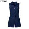 VONDA Women Summer Lapel Neck Sleeveless Buttons Elastic Waist Casual Jumpsuits Rompers