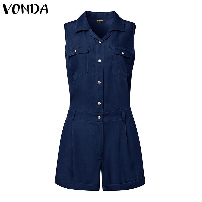 VONDA Women Summer Lapel Neck Sleeveless Buttons Elastic Waist Casual Jumpsuits Rompers