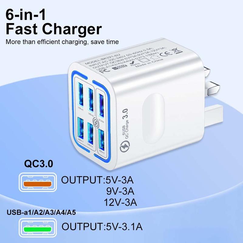 6-Port USB Charger Mobile Phone Fast Charging Wall Adapter for iPhone Xiaomi Samsung Huawei US/UK Plug