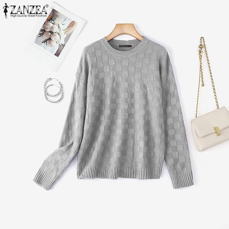 

ZANZEA Женские пуловеры, свитера и джемперы с круглым вырезом, повседневные вязаные, с клетчатой текстурой S серый