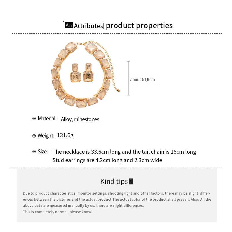 2-Piece Set: Rhinestone Square Stud Earrings & Necklace – European/American Chic, High-End Luxury for Women