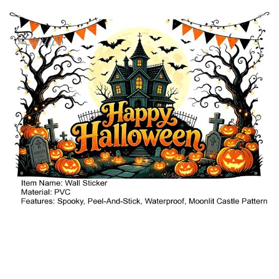 Easy Apply Halloween Decals Happy Wall Stickers, Moonlit Castle Pumpkin Clings, Waterproof Retro Stickers Haunted House for Home Living Room