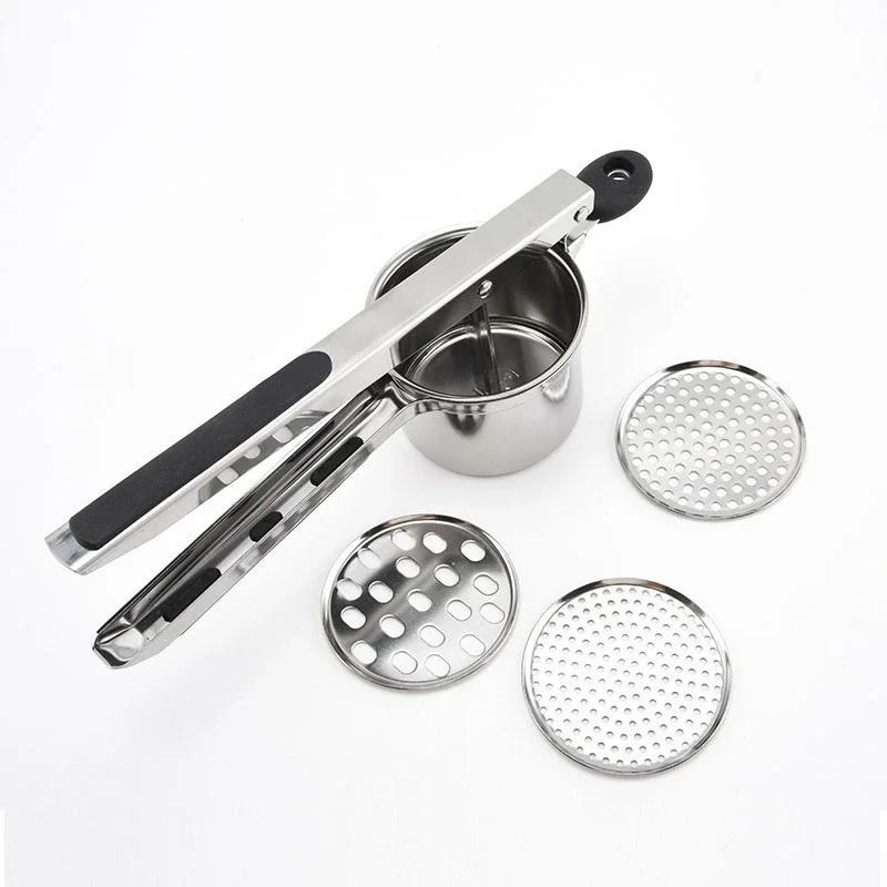 Stainless Steel Manual Potato Ricer with Silicone Grip Handle with Interchangeable Fineness Mesh Potato Masher Kitchen Gadget