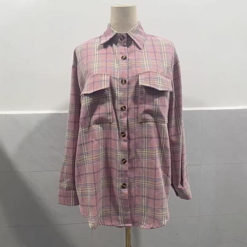 2025 Women's Cross-Border European and American Loose Plaid Pocket Shirt - Autumn/Winter Casual Fashion.