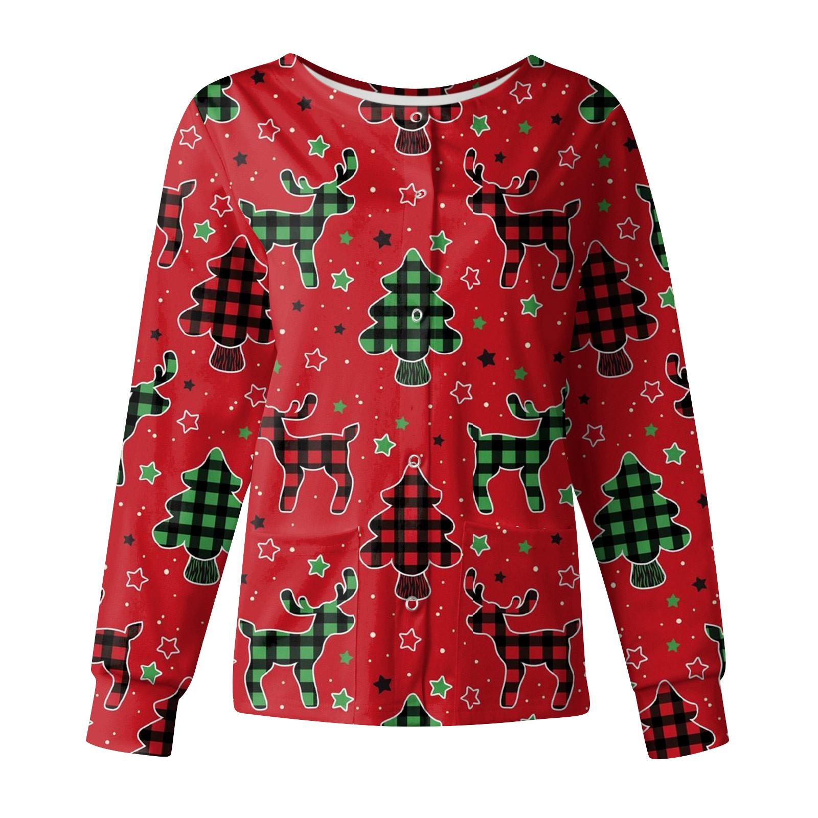 Women s Casual Fashion Stand-up Collar Single Breasted Christmas Printed Nurse s Uniform Top XL красный