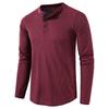European and American Style Men’s Solid Waffle Henley Shirt Long Sleeve T-shirt Buttoned Round Neck Top