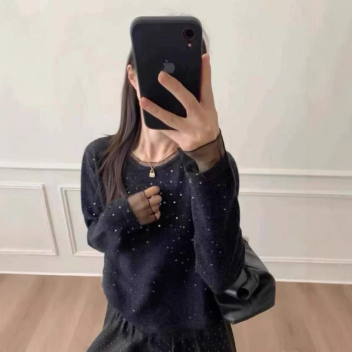 

Korean Mesh Patchwork Sequin Two-Piece T-shirt: 2025 Winter Women s Sweet Temperament Trendy Top One Size