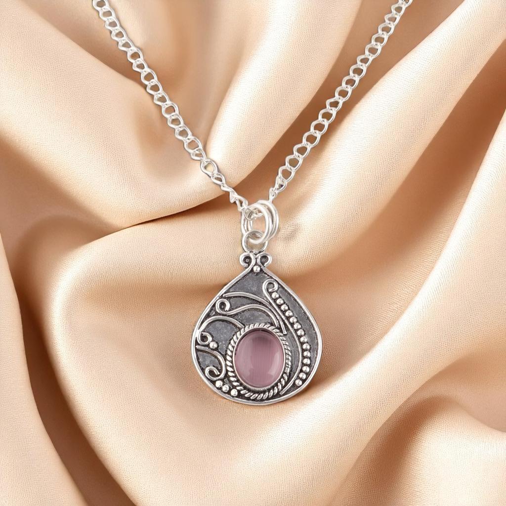 Purple Cat's Eye Gemstone 925 Sterling Silver Jewelry Handcrafted Pendant 1.45" PP-27-37