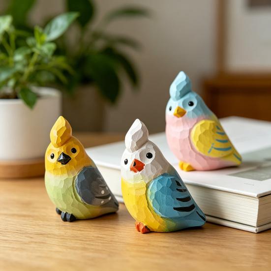 Hand-Carved Bird Sculpture Solid Wood Ornaments Miniature Desk Decor for Home Study Office Room Cute Gift for Bird Lovers
