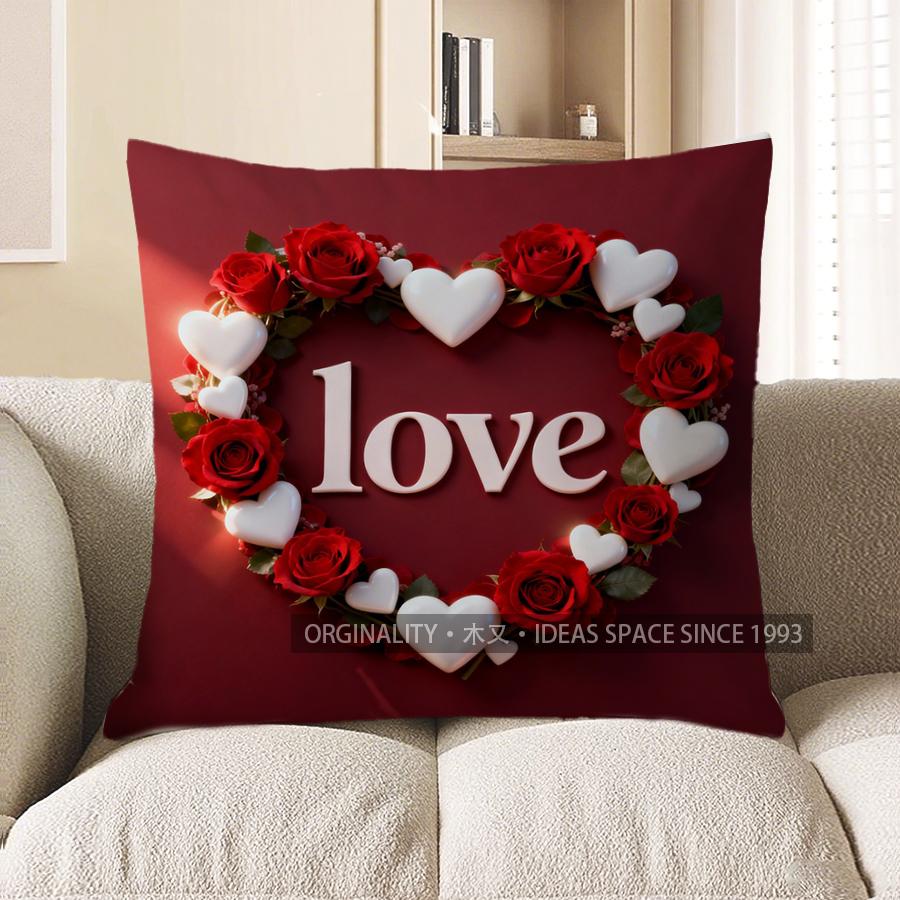 2D Heart-Shaped Love Roses Cushion Cover Pattern Cushion Cover Suitable For Sofa Bedroom Car Pillow Cover