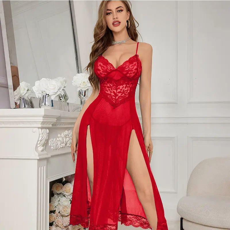 European and American New Sexy Women Lace Mesh Split Long dress Home Wear Set Women Lace Sexy Suit