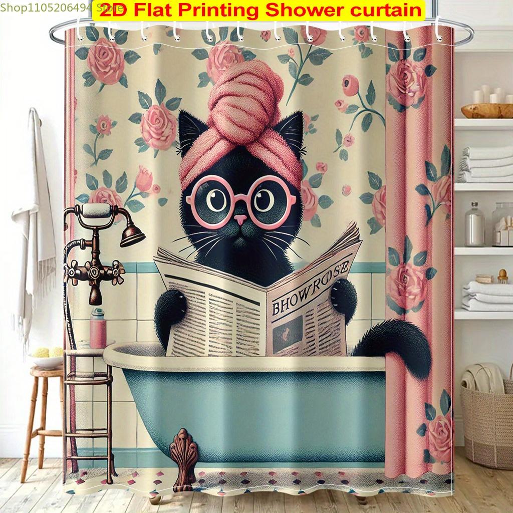 2D Flat Printing Shower Curtain 1Pc, Cat Relaxing In Bathtub Bathroom Shower Curtain With 12 Plastic Hooks, Bathroom Curtain W