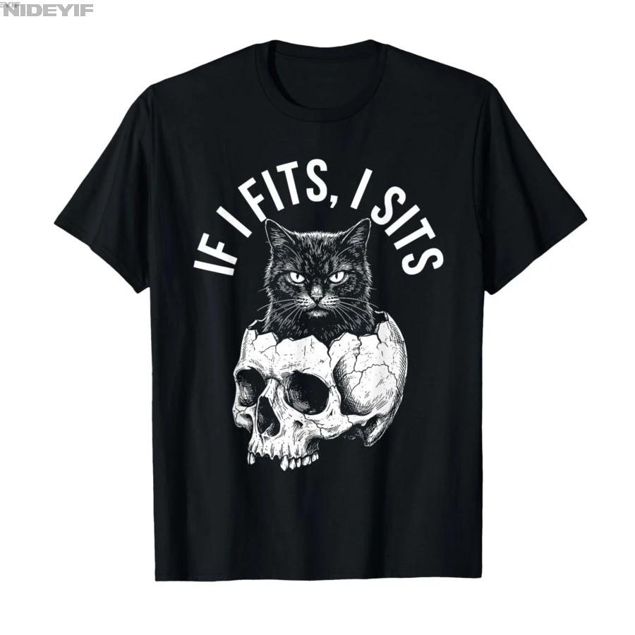 If I Fits I Sits Black Skull Cat Minimalist Meme Humor Funny Tshirt For Men Women 100 Cotton T Shirts Short Sleeve Tops 04201
