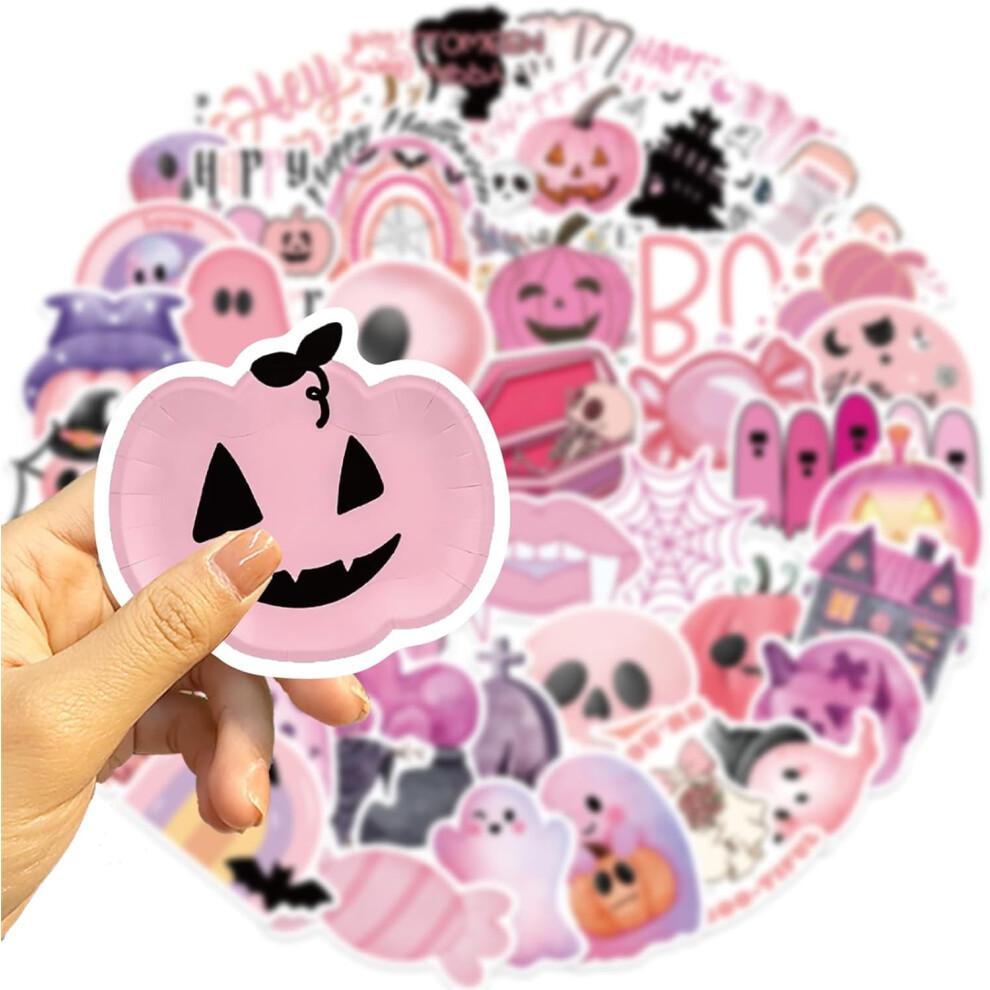 50pcs Kawaii Pink Halloween Stickers - Ghost & Pumpkin Theme, Waterproof Vinyl Decals for Kids Youth & Adults Holiday Party Favors & Gifts
