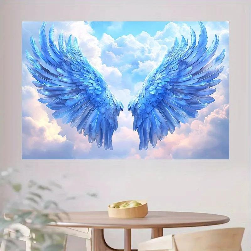 2D Plane Design, 1 Piece - Blue Angel Wings and Cloud Background Fabric, with Realistic Texture and Sky Background