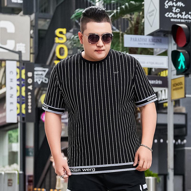 Trendy Brand Men's Summer Plus Size Short-sleeved Round Neck T-shirt Vertical Stripes Casual Fat Man Oversized T-shirt