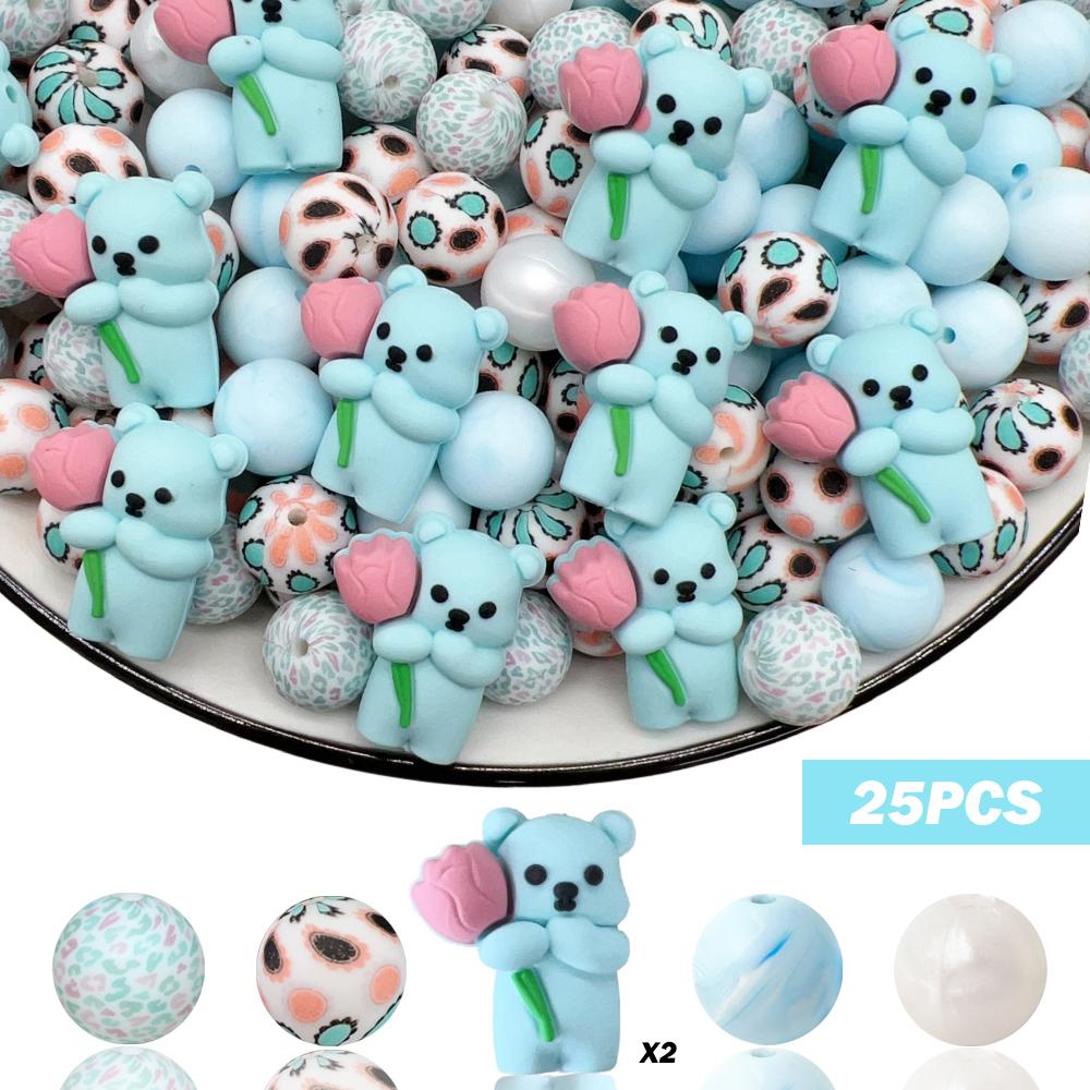 

25PCS 3D cute teddy bear flower silicone bead set, perfect for DIY handmade crafts such as keychains, necklaces, bracelets, etc