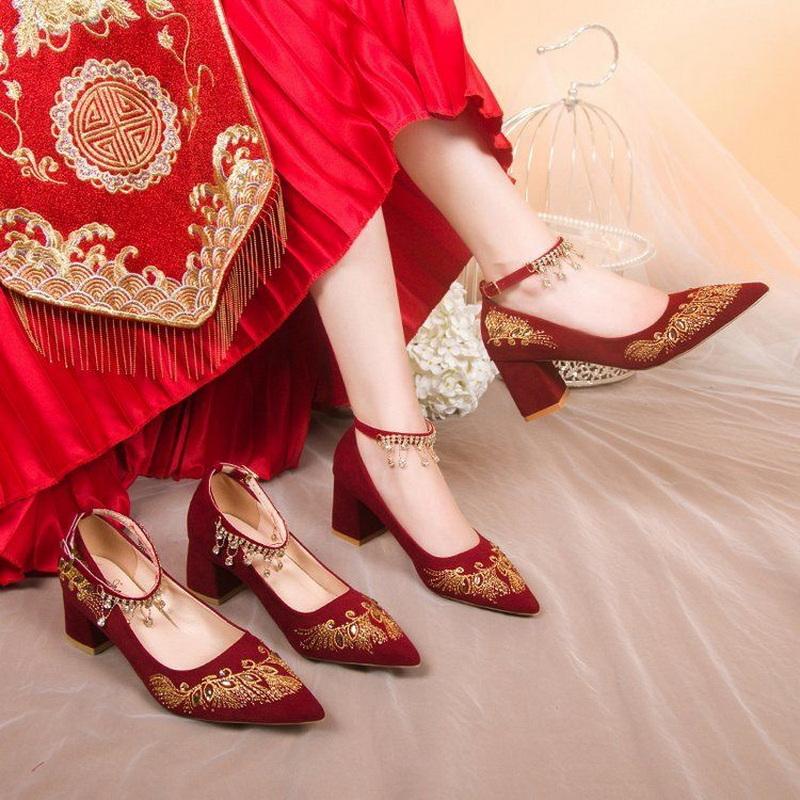 FHC Embroidery Flower Bride Wedding Shoes,Women Pumps,Rhinestone Ankle Strape High Heels,Pointed Toe,Wine-red,Dropship