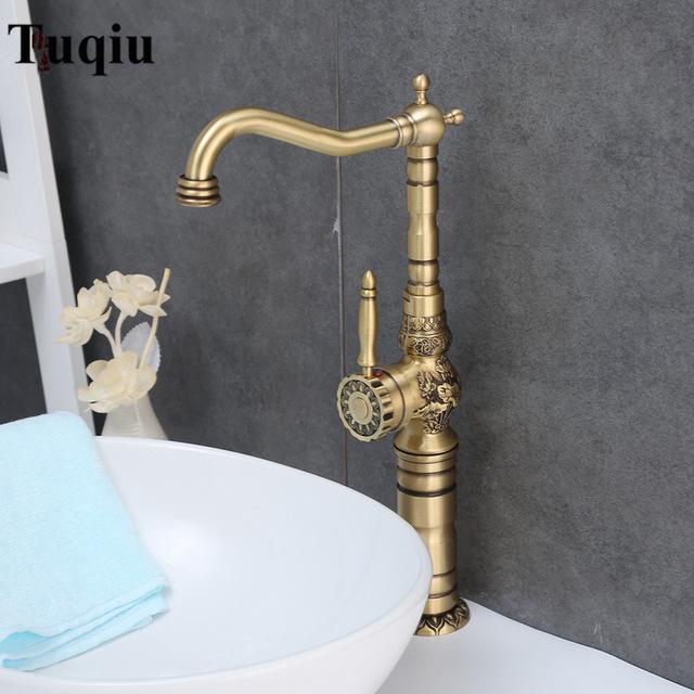 Basin Faucet Antique Brass Sink Faucet Carved Bathroom Faucet Copper Tap Rotate Single Handle Hot & Cold Water Mixer Tap Crane