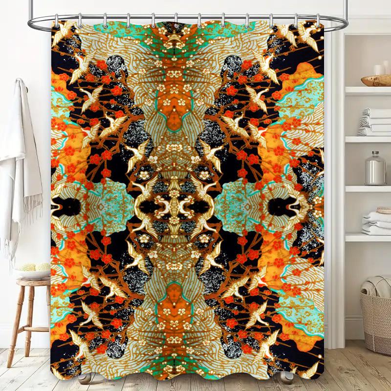 Elegant Golden Phoenix Shower Curtain Waterproof Bathroom Decor Floral Print Home Decoration Custom Size Available