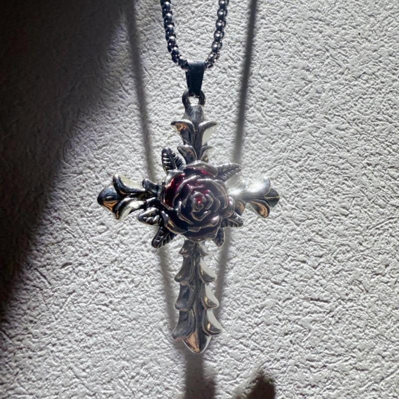 Neo-gotischer tiefroter Rosen-Oxidationssilber-Kreuz-Anhänger Lange Halskette für Damen Herren Hip-Hop Street Pullover Kette Schmuck Geschenke