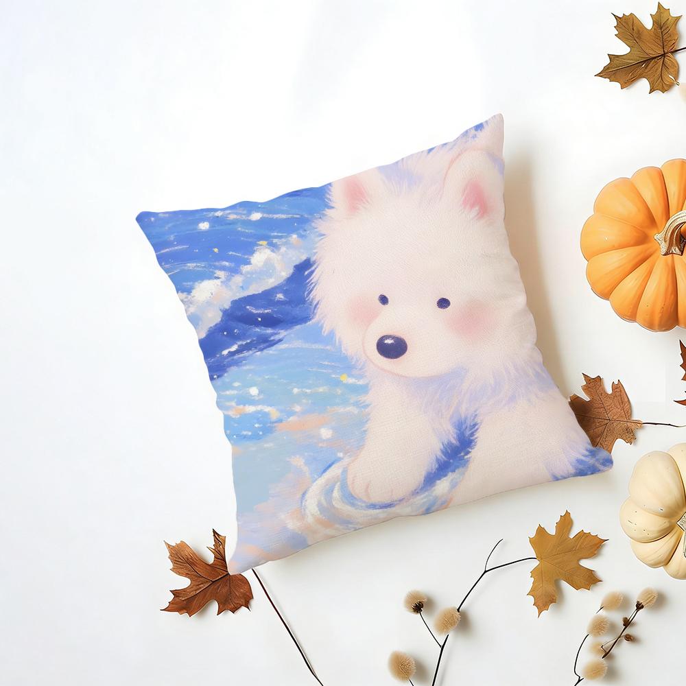 Casual Fluffy Smiling Dog Samoyed Cushion Cover Washable Linen Pillowcase Soft for Daily Sofa Bed Home Room Decor