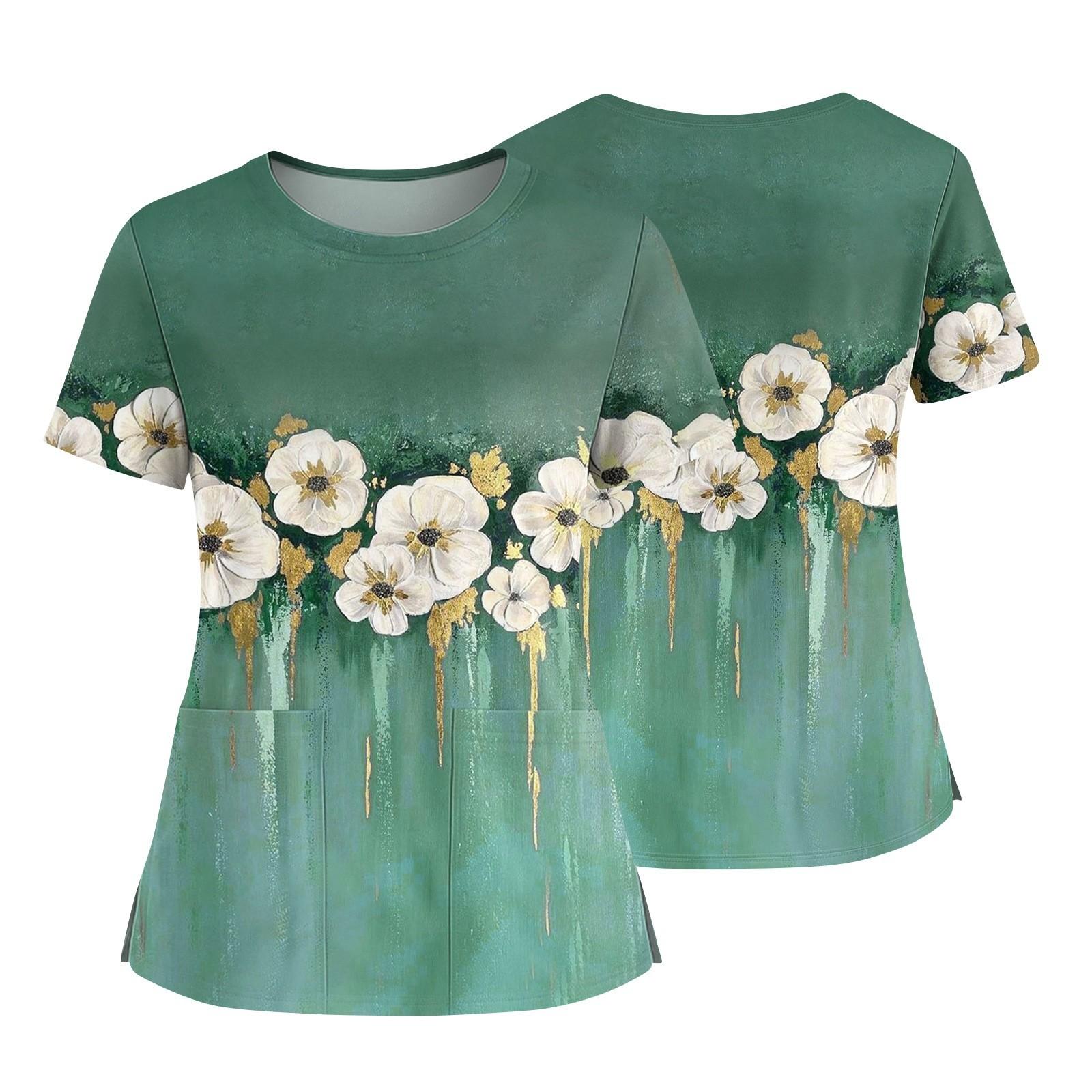 

Women s Fashionable Printed Round Neck Pocket Short Sleeved Shirt With Slit Hem Uniform And Worker s Top S