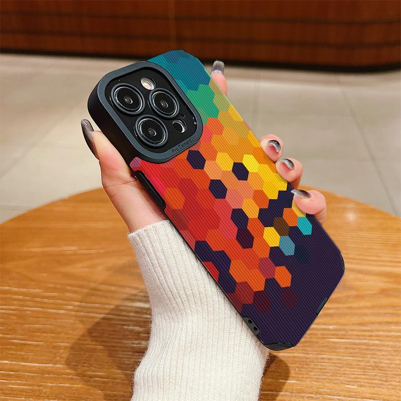 Vertical Grain Leather Shell 3D Colorful Printed Patterned Shockproof Soft Silicone Case with Camera Lens Full Protection for iPhone