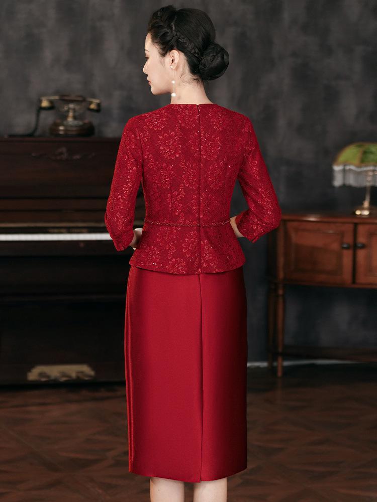2024 Autumn Slimming Plus-Size Two-Piece Mother of the Bride Dress Set for Middle-Aged Women