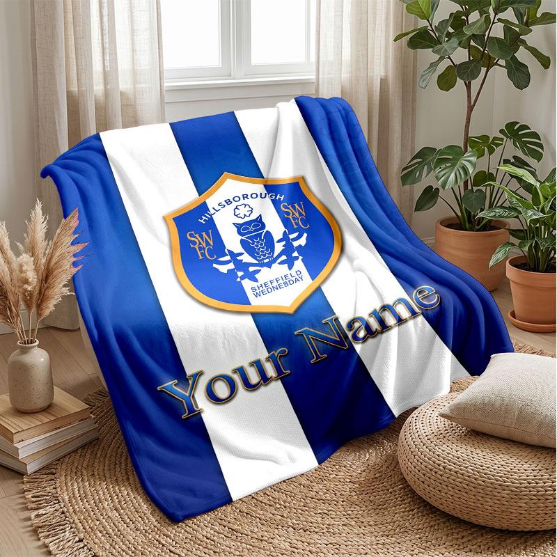 Sheffield Wednesday FC Benutzerdefinierter Name Text Flanelldecke Fußball Logo Personalisierte Fleece-Kuscheldecke Besonderes Geschenk für Sofa Schlafzimmer Zuhause
