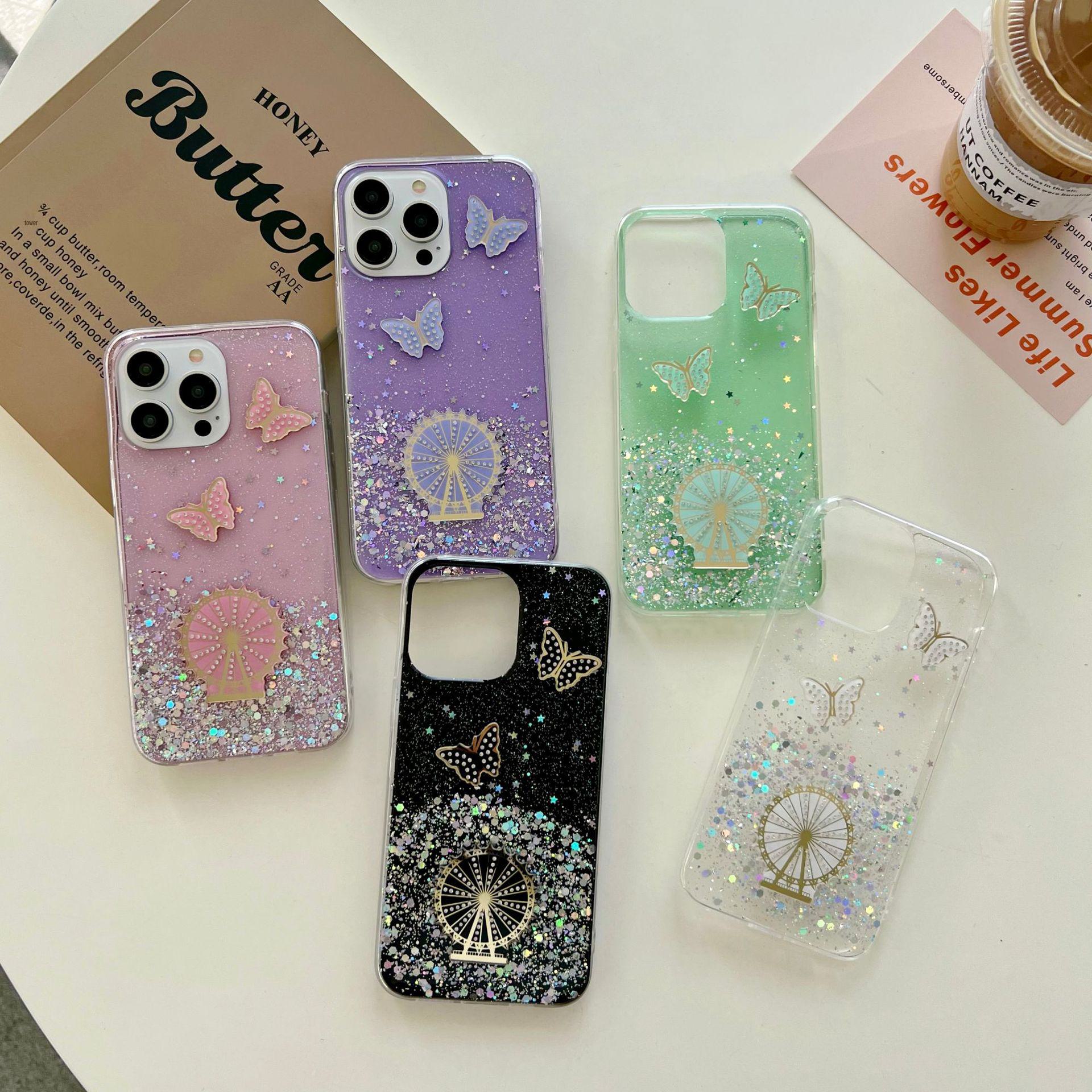 

Блестящий клеевой силиконовый чехол для Apple iPhone 15, 14, 13 Pro Max с прозрачным дизайном и рисунком в виде бабочек.