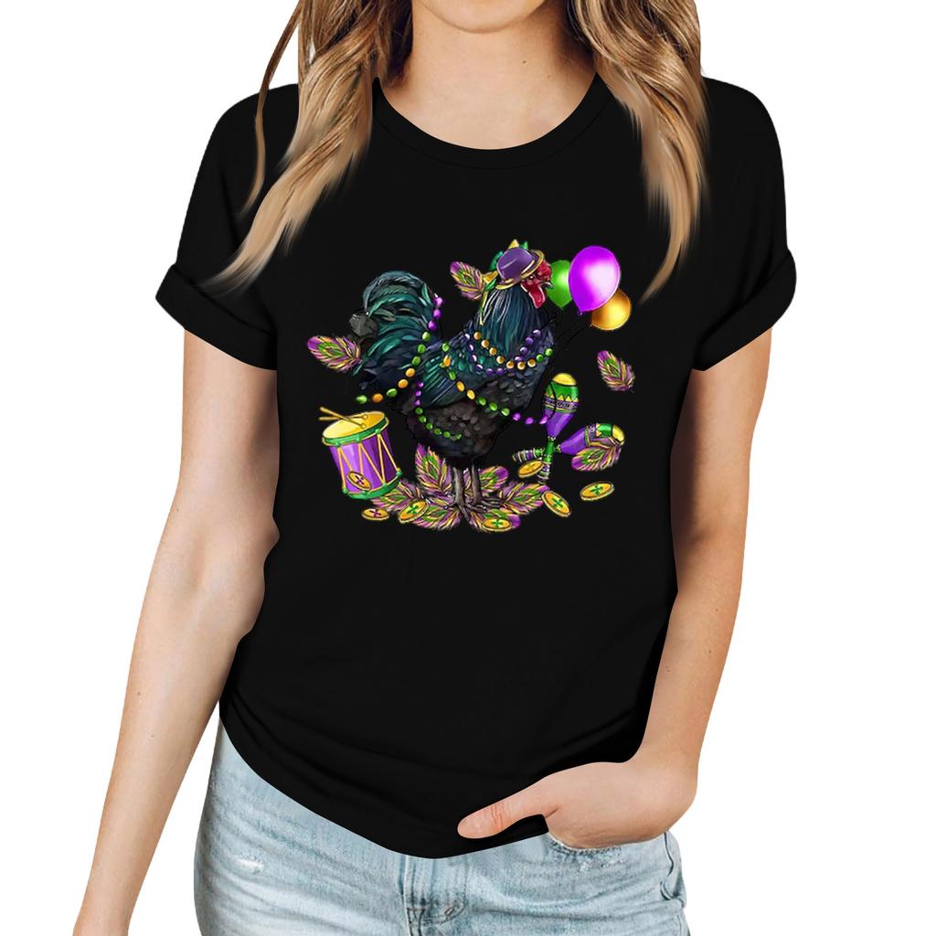 Women's Casual Carnival Print T-Shirt Round Neck Pullover Short Sleeve Top