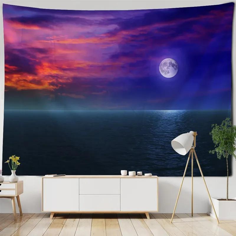 Water Moon Night Scene Pattern Tapestry Home Wall Decoration Tapestry Bedroom Living Room Tapestry