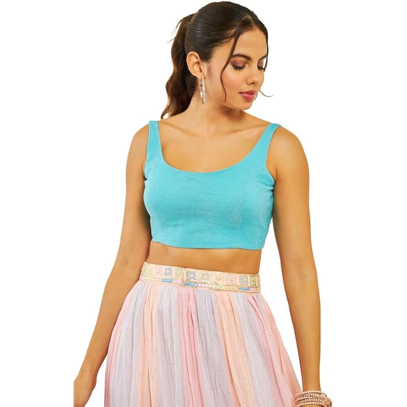 Soch Womens Turquoise Blue Shimmery Scoop-Neck Back-Open Sleeveless Blouse