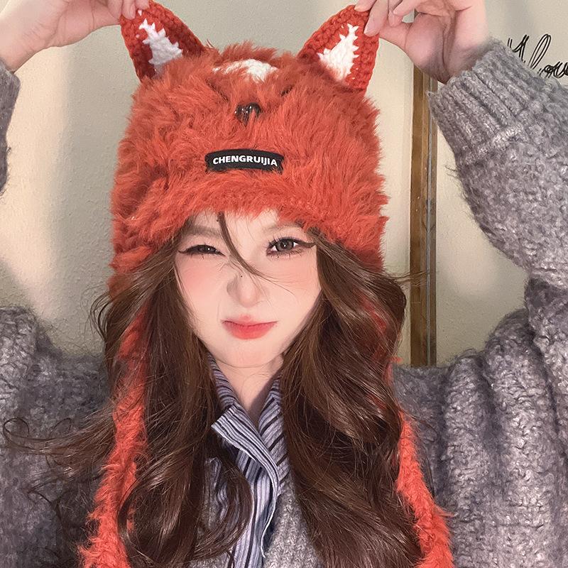 Japanese Cute Hand Woven Little Fox Ear Protecting Hat for Women In Autumn and Winter Warm Versatile Plush Lei Feng Hat