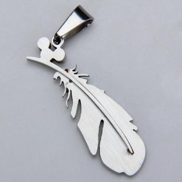 Stainless Steel Feather Necklace Charm Pendant W/ Rhinestone - Silvery