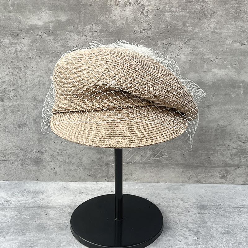 Elegante Netz-Perlen-Baskenmütze Schiebermütze Japanische Faltenkappe Damen Sommer-Ausflug Sonnenschutz-Strohhut Nischen-Reithut