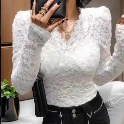 Μακρυμάνικο σέξι μπλούζα με δαντέλα στο κάτω μέρος Γυναικεία μόδα V μπλουζάκια με λεπτή εφαρμογή στο λαιμό Φθινοπωρινό Κομψό κοντό πουκάμισο με βελονάκι 29994