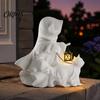 Spooky Home Holiday Accents Halloween Ghost with Lantern & Walking Cat Resin Figurine, Elegant Indoor Outdoor Decor for Fireplace Mantel Entryway,