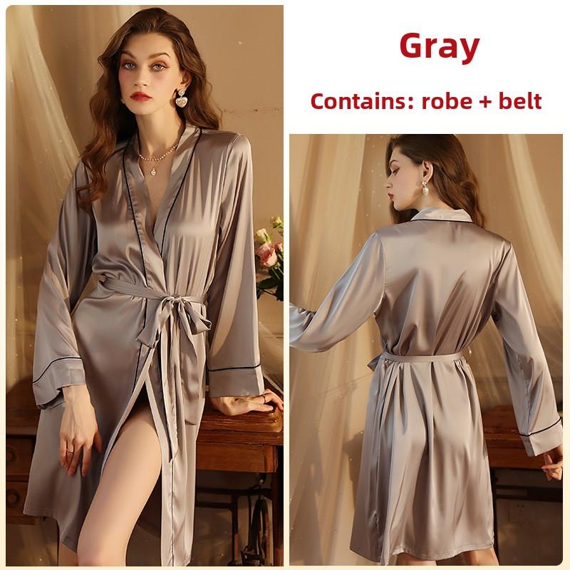 Damen Hotel Sexy Cardigan Nachthemd High-End Leichter Luxus Imitatseide Stoff Pyjama Loungewear