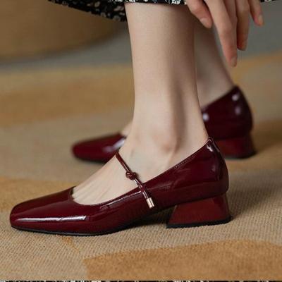 Nowe skórzane buty z kwadratowym noskiem w kolorze czerwonym i czarnym, buty typu Mary Janes, damskie, płytkie usta, swobodne, grube, na obcasie, buty na niskim obcasie