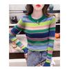Neuer Woll Herbst- und Winter Regenbogen gestreifter gestrickter Langarm-Pullover für Damen Dünner altersreduzierender Pullover Base