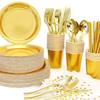 Gold Party Tableware Set: Rose Gold Plates, Cups, Straws, and Cake Dishes