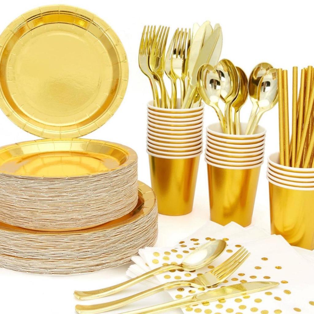 Gold Party Tableware Set: Rose Gold Plates, Cups, Straws, and Cake Dishes